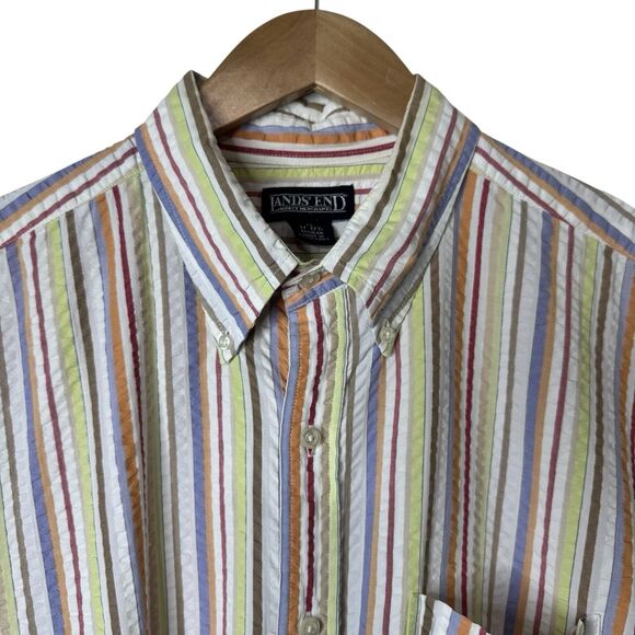 Vintage Lands End Mens XL 17-17.5 Colorful Striped Seersucker Button Down Shirt - Picture 5 of 9